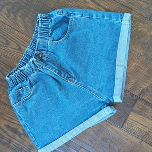 Paper Bag Gathered Elastic Waist High-Rise Blue Denim Jean Shorts, M